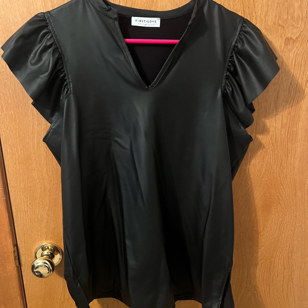 First Love Black Satin Ruffle Blouse